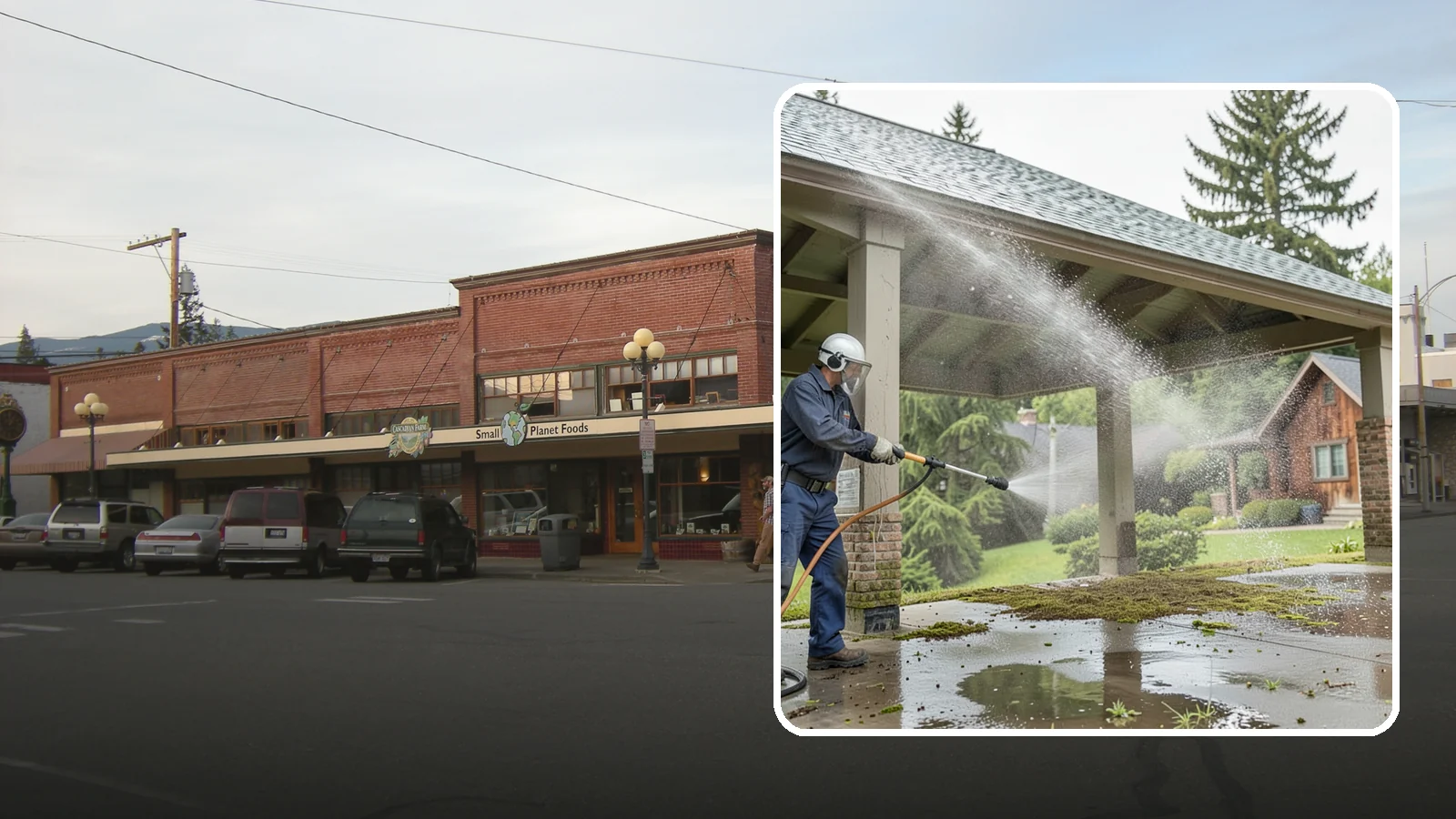 Pavilion Cleaning in Sedro-Woolley, Skagit County, WA - Clean large pavilion structures and their roofs to remove the algae and debris common on wide, shaded Northwest builds.