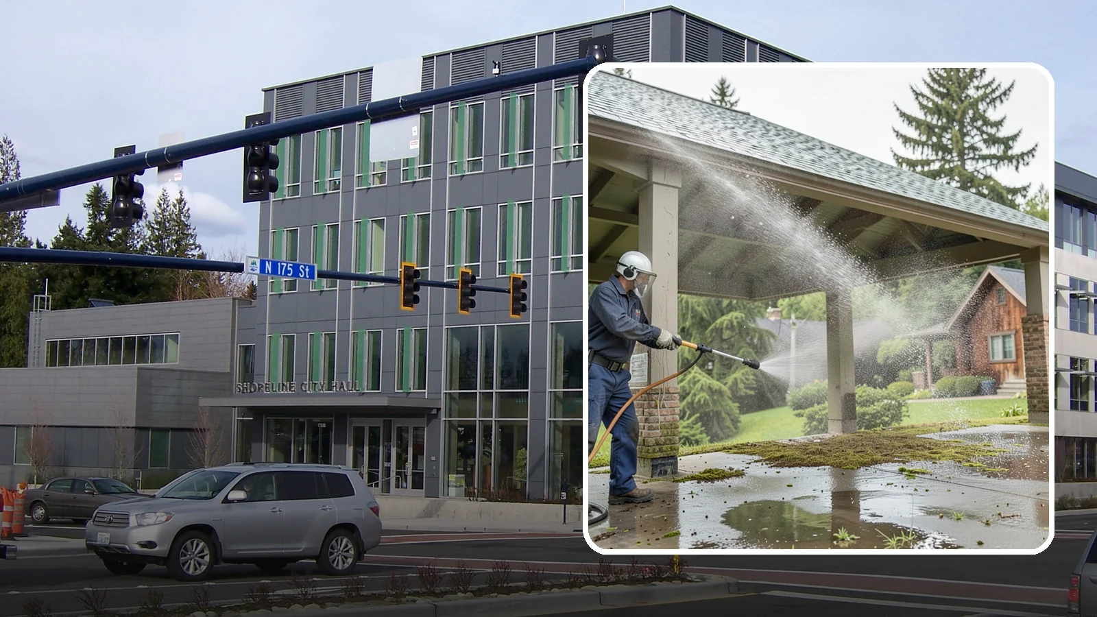 Pavilion Cleaning in Shoreline, King County, WA - Clean large pavilion structures and their roofs to remove the algae and debris common on wide, shaded Northwest builds.