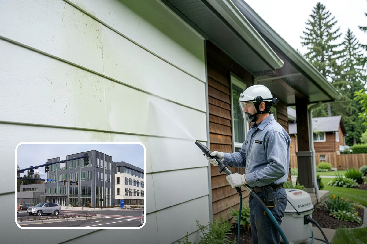 Pavilion Cleaning in Shoreline, King County, WA - Clears algae streaking from broad pavilion roofs