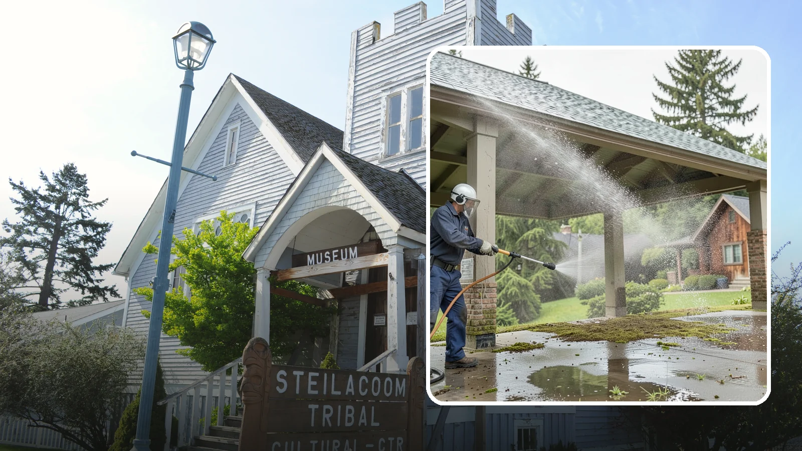 Pavilion Cleaning in Steilacoom, Pierce County, WA - Clean large pavilion structures and their roofs to remove the algae and debris common on wide, shaded Northwest builds.