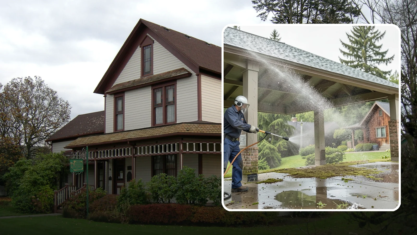 Pavilion Cleaning in Sumner, Pierce County, WA - Clean large pavilion structures and their roofs to remove the algae and debris common on wide, shaded Northwest builds.