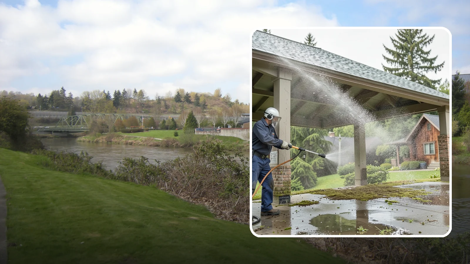 Pavilion Cleaning in Tukwila, King County, WA - Clean large pavilion structures and their roofs to remove the algae and debris common on wide, shaded Northwest builds.