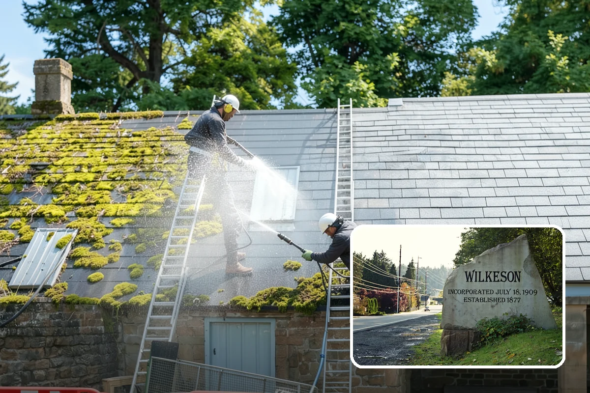 Pavilion Cleaning in Wilkeson, Pierce County, WA - Clears algae streaking from broad pavilion roofs
