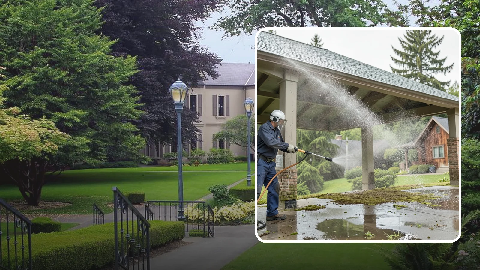 Pavilion Cleaning in Woodinville, King County, WA - Clean large pavilion structures and their roofs to remove the algae and debris common on wide, shaded Northwest builds.