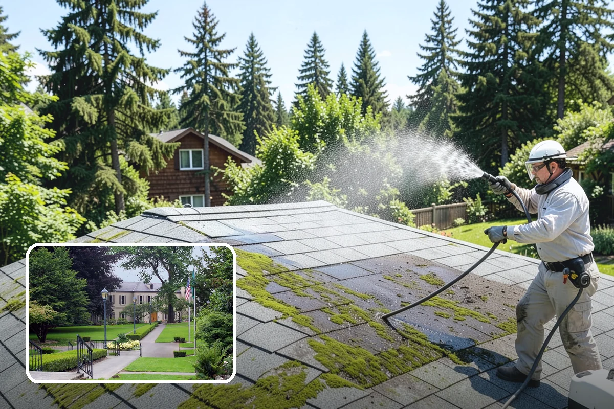 Pavilion Cleaning in Woodinville, King County, WA - Clears algae streaking from broad pavilion roofs