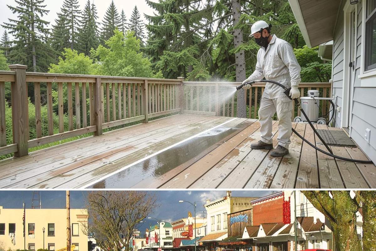 Pergola Cleaning in Arlington, Snohomish County, WA - Late spring cleans off the winter's mildew and needle buildup so the pergola is ready for the outdoor season.