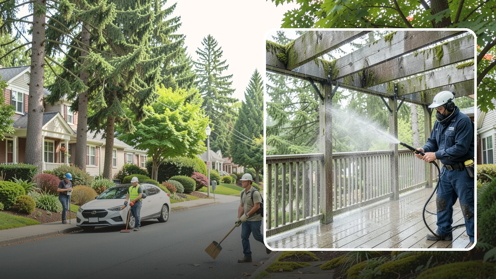 Pergola Cleaning in Beaux Arts Village, King County, WA - Clean wood, vinyl, and metal pergolas to clear the moss, mildew, and needle debris that gather on the overhead beams.