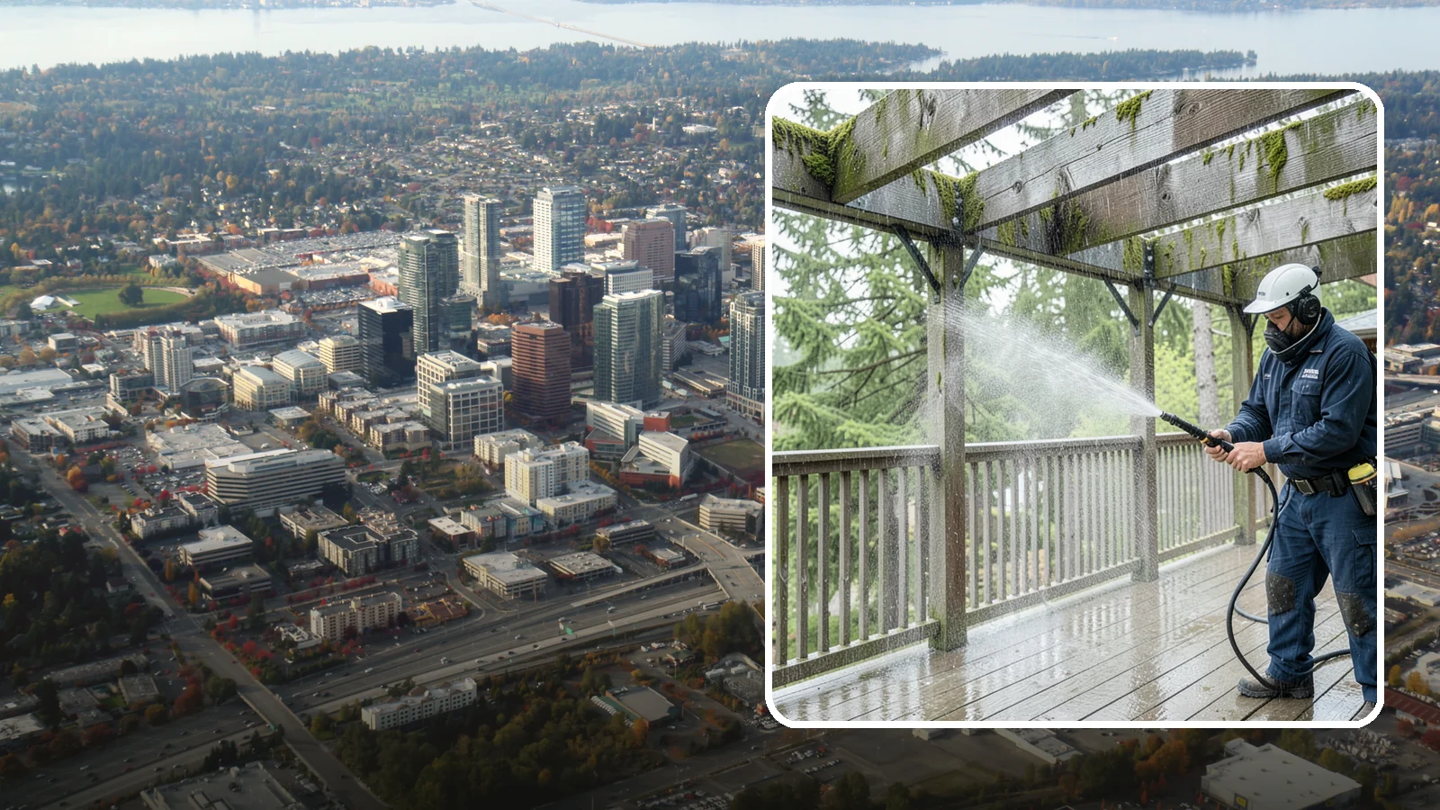 Pergola Cleaning in Bellevue, King County, WA - Clean wood, vinyl, and metal pergolas to clear the moss, mildew, and needle debris that gather on the overhead beams.