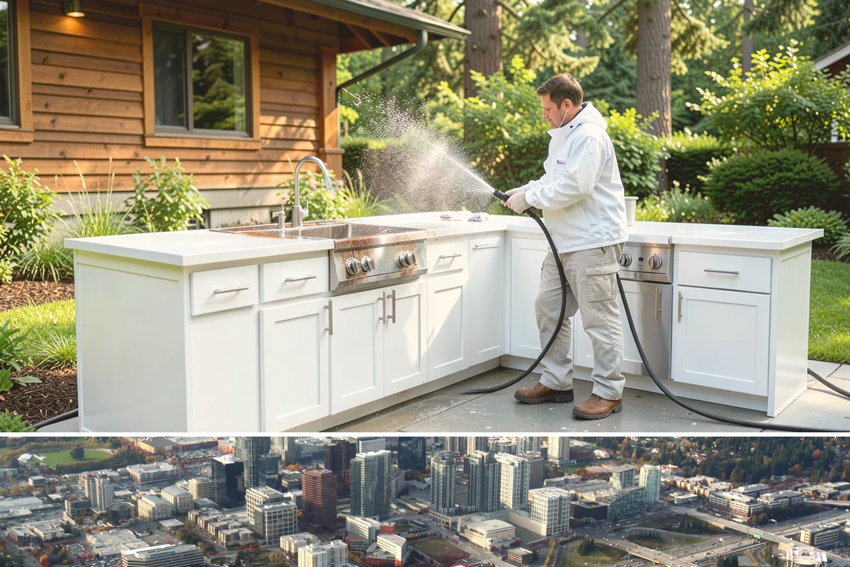 Pergola Cleaning in Bellevue, King County, WA - Late spring cleans off the winter's mildew and needle buildup so the pergola is ready for the outdoor season.