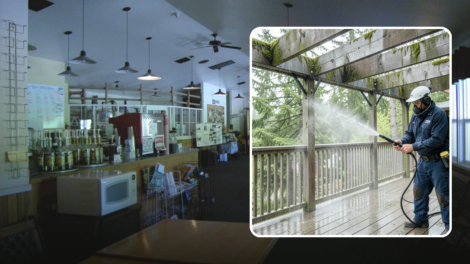 Pergola Cleaning in Black Diamond, King County, WA - Clean wood, vinyl, and metal pergolas to clear the moss, mildew, and needle debris that gather on the overhead beams.