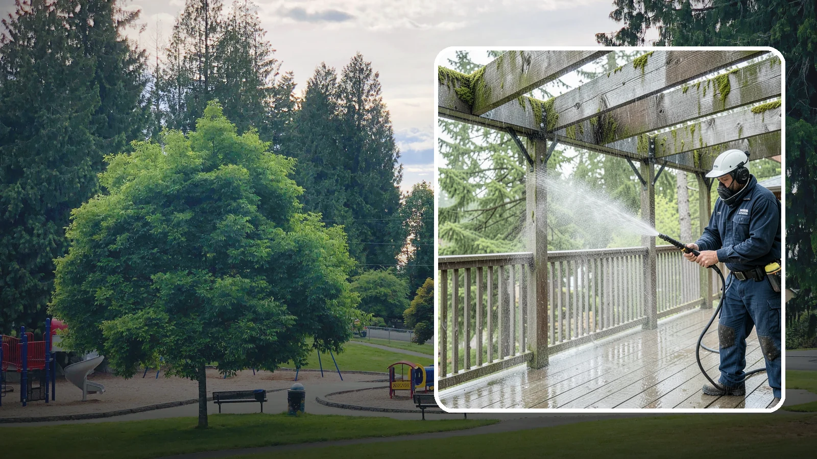Pergola Cleaning in Bonney Lake, Pierce County, WA - Clean wood, vinyl, and metal pergolas to clear the moss, mildew, and needle debris that gather on the overhead beams.