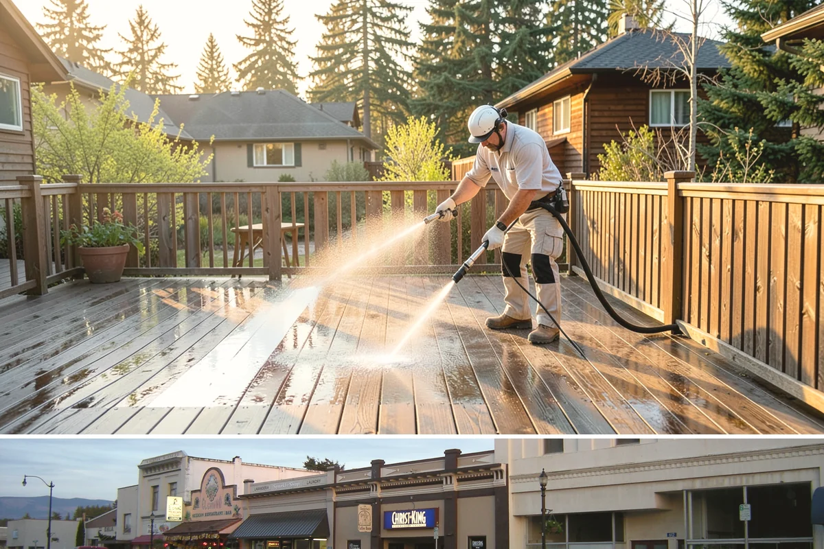 Pergola Cleaning in Burlington, Skagit County, WA - Late spring cleans off the winter's mildew and needle buildup so the pergola is ready for the outdoor season.