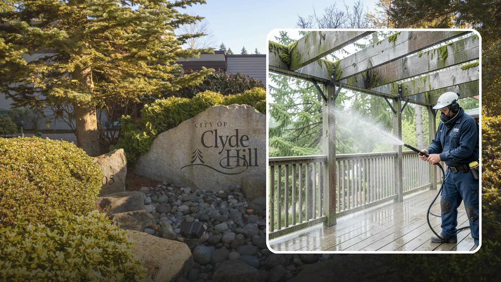 Pergola Cleaning in Clyde Hill, King County, WA - Clean wood, vinyl, and metal pergolas to clear the moss, mildew, and needle debris that gather on the overhead beams.