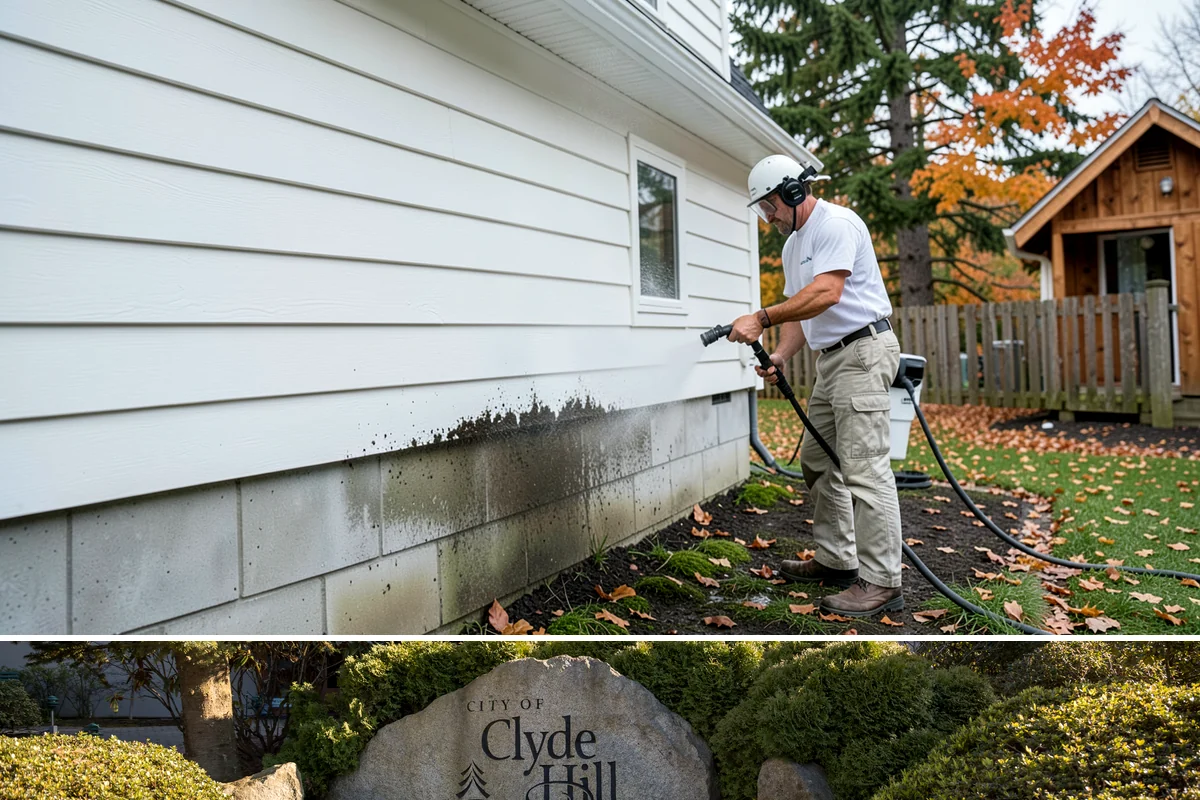 Pergola Cleaning in Clyde Hill, King County, WA - Late spring cleans off the winter's mildew and needle buildup so the pergola is ready for the outdoor season.