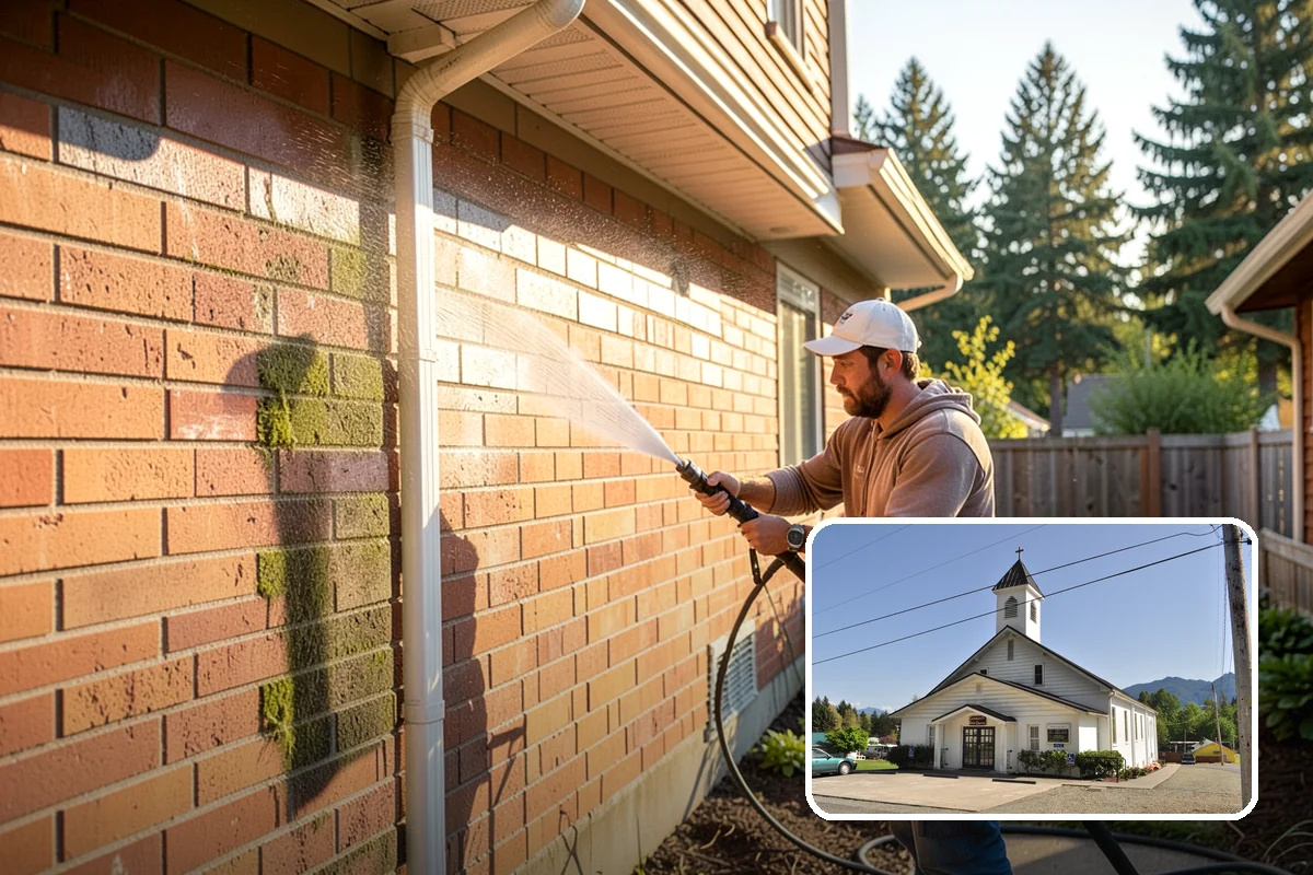 Pergola Cleaning in Concrete, Skagit County, WA - Clears mildew and moss from shaded overhead beams