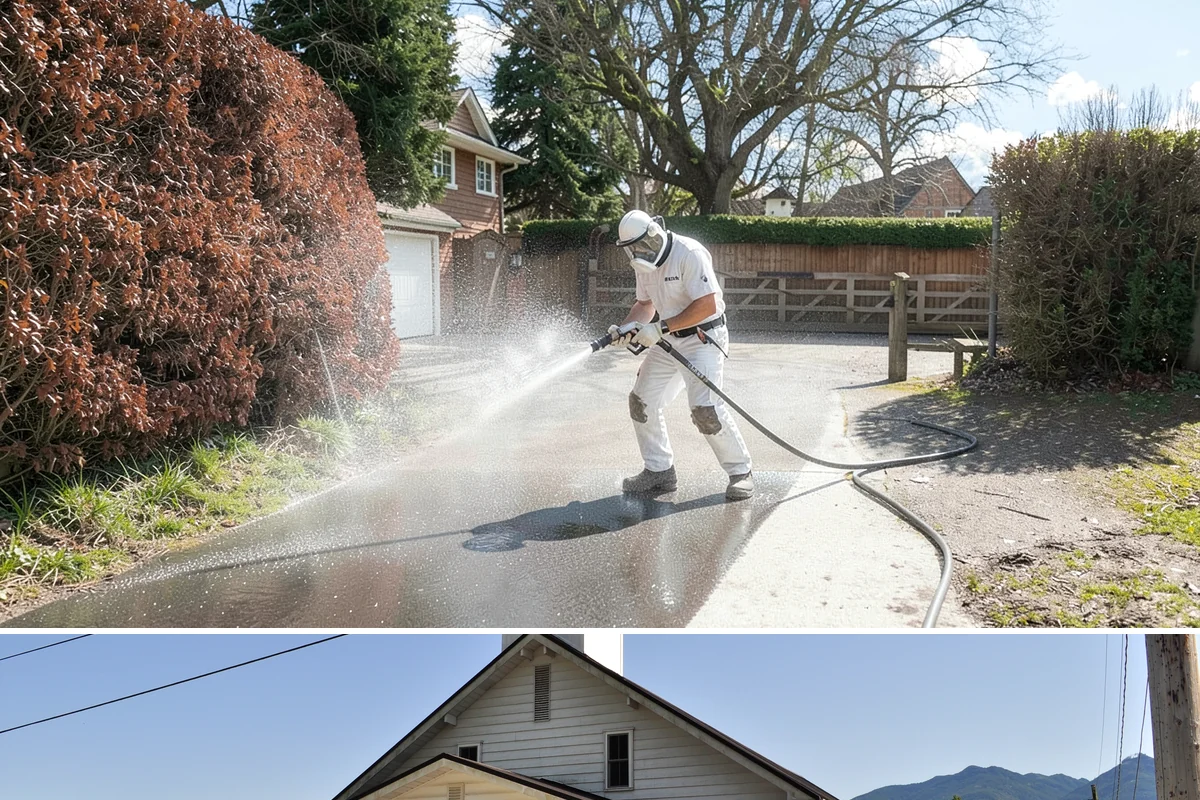 Pergola Cleaning in Concrete, Skagit County, WA - Late spring cleans off the winter's mildew and needle buildup so the pergola is ready for the outdoor season.