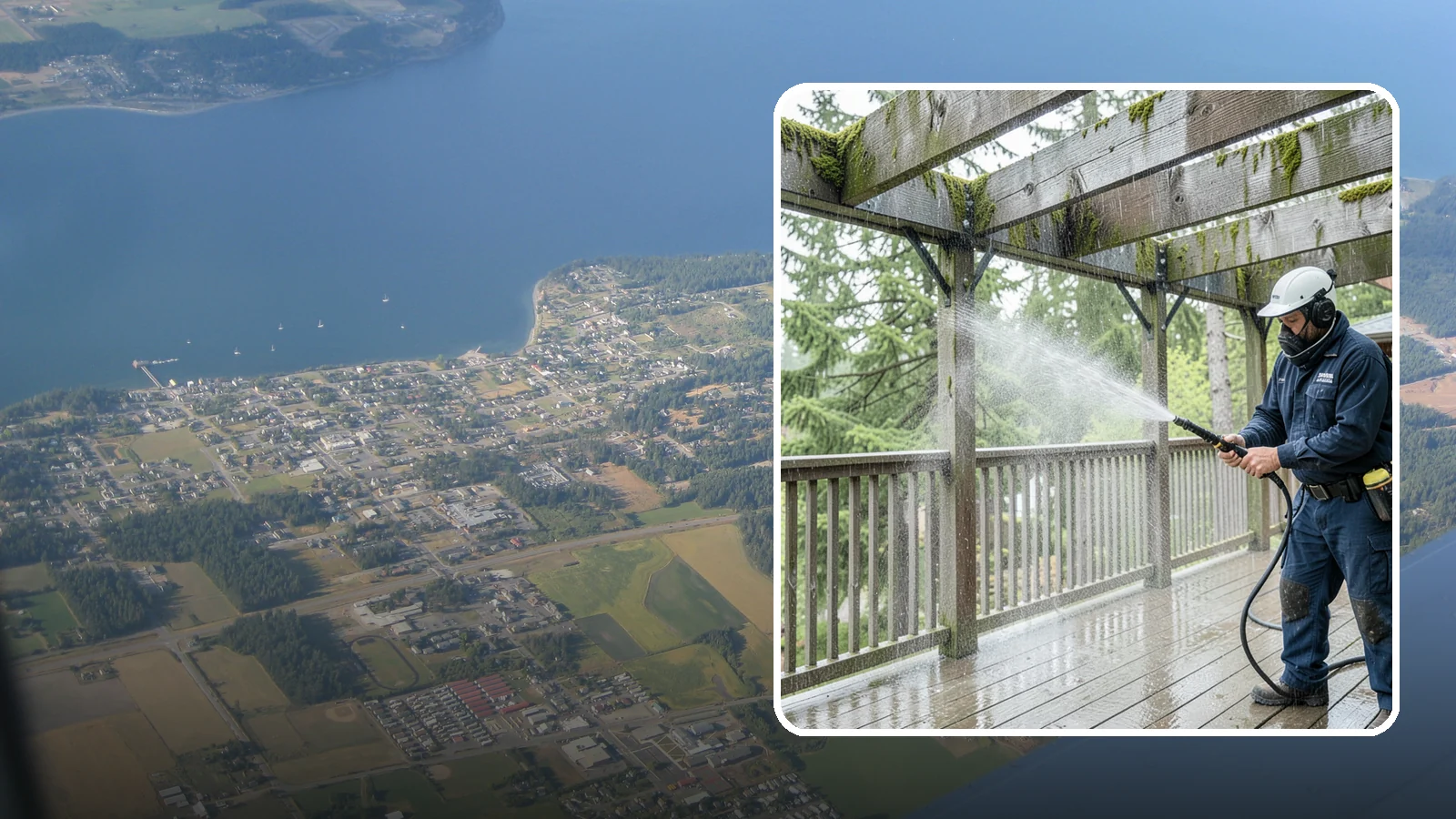Pergola Cleaning in Coupeville, Island County, WA - Clean wood, vinyl, and metal pergolas to clear the moss, mildew, and needle debris that gather on the overhead beams.