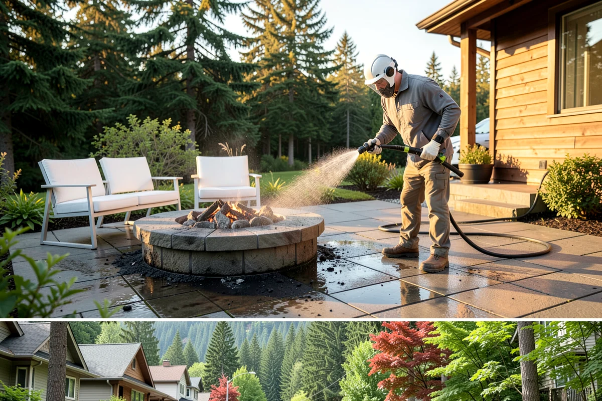 Pergola Cleaning in Darrington, Snohomish County, WA - Late spring cleans off the winter's mildew and needle buildup so the pergola is ready for the outdoor season.