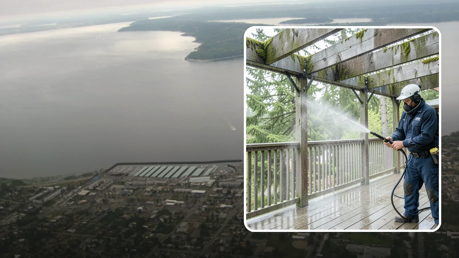 Pergola Cleaning in Des Moines, King County, WA - Clean wood, vinyl, and metal pergolas to clear the moss, mildew, and needle debris that gather on the overhead beams.