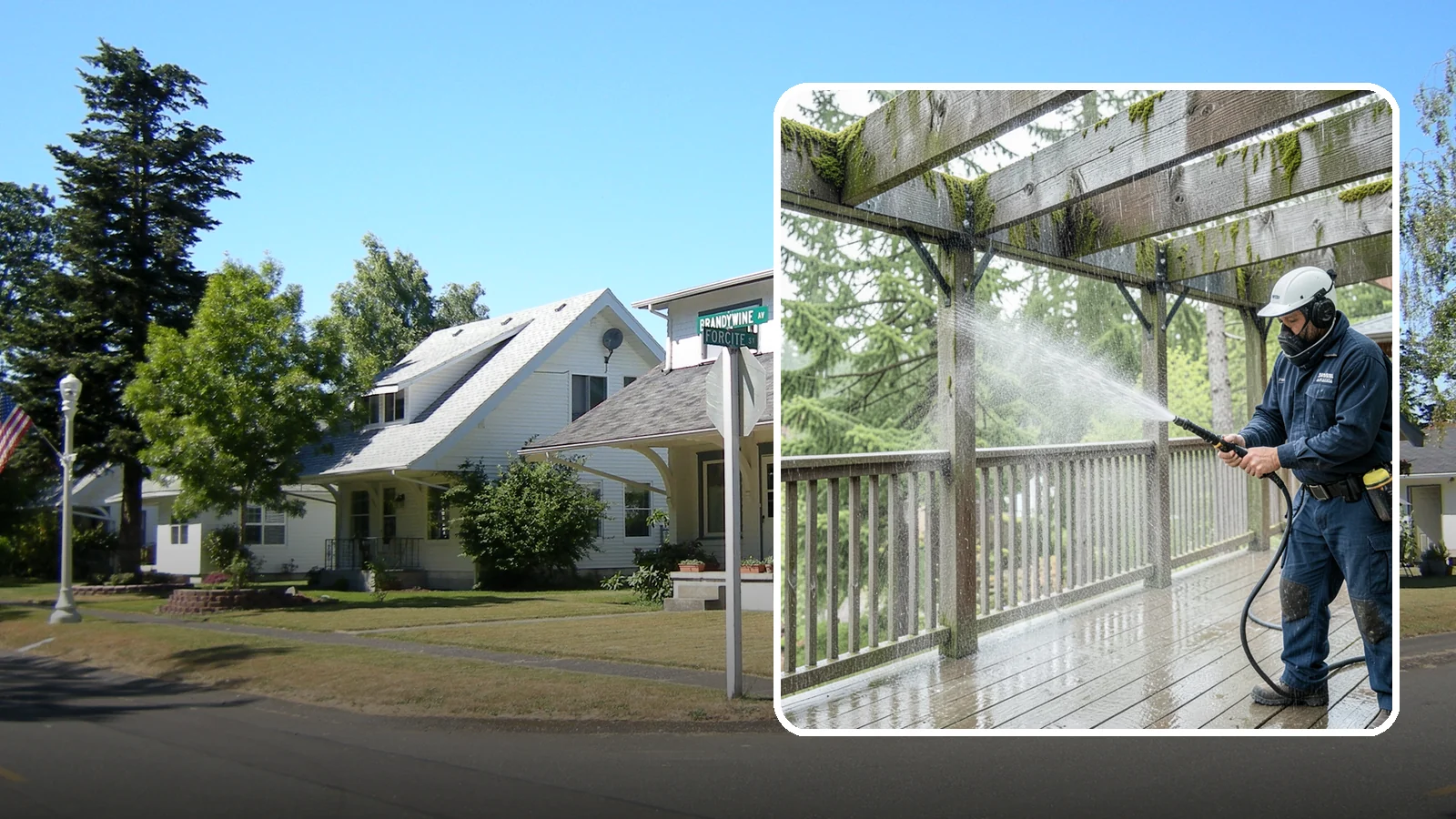 Pergola Cleaning in DuPont, Pierce County, WA - Clean wood, vinyl, and metal pergolas to clear the moss, mildew, and needle debris that gather on the overhead beams.