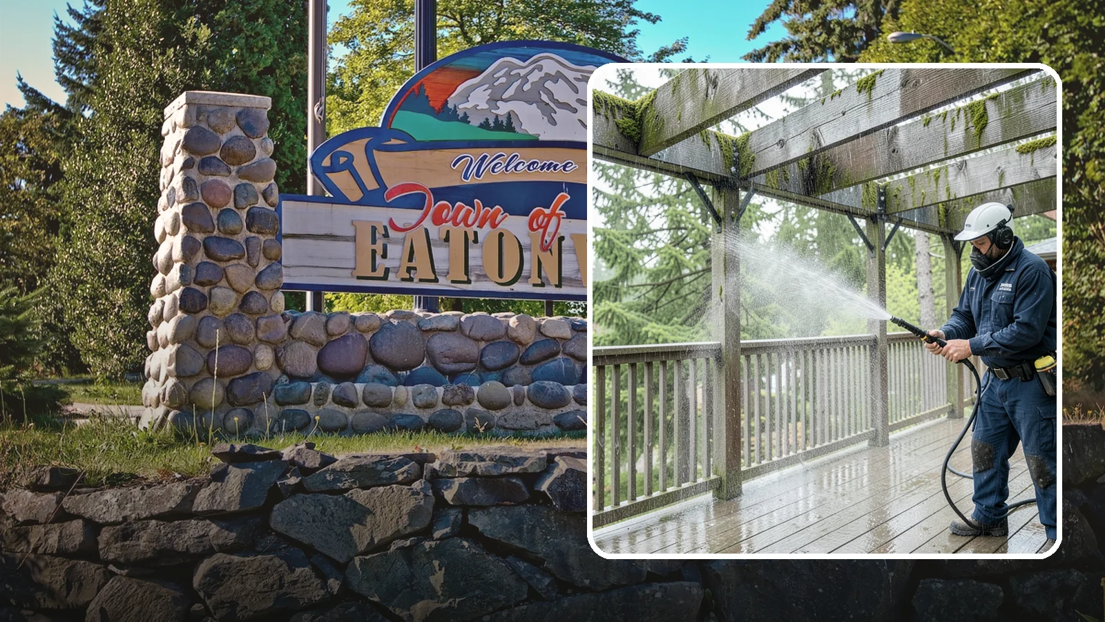 Pergola Cleaning in Eatonville, Pierce County, WA - Clean wood, vinyl, and metal pergolas to clear the moss, mildew, and needle debris that gather on the overhead beams.