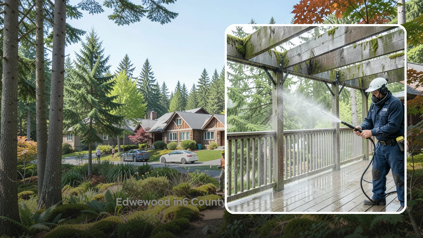 Pergola Cleaning in Edgewood, Pierce County, WA - Clean wood, vinyl, and metal pergolas to clear the moss, mildew, and needle debris that gather on the overhead beams.
