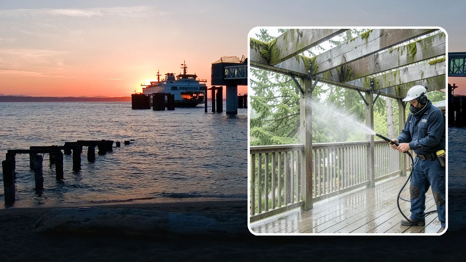 Pergola Cleaning in Edmonds, Snohomish County, WA - Clean wood, vinyl, and metal pergolas to clear the moss, mildew, and needle debris that gather on the overhead beams.