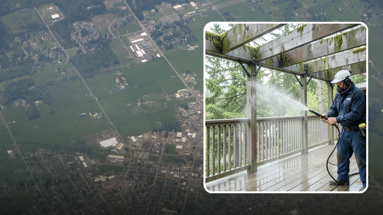Pergola Cleaning in Enumclaw, King County, WA - Clean wood, vinyl, and metal pergolas to clear the moss, mildew, and needle debris that gather on the overhead beams.