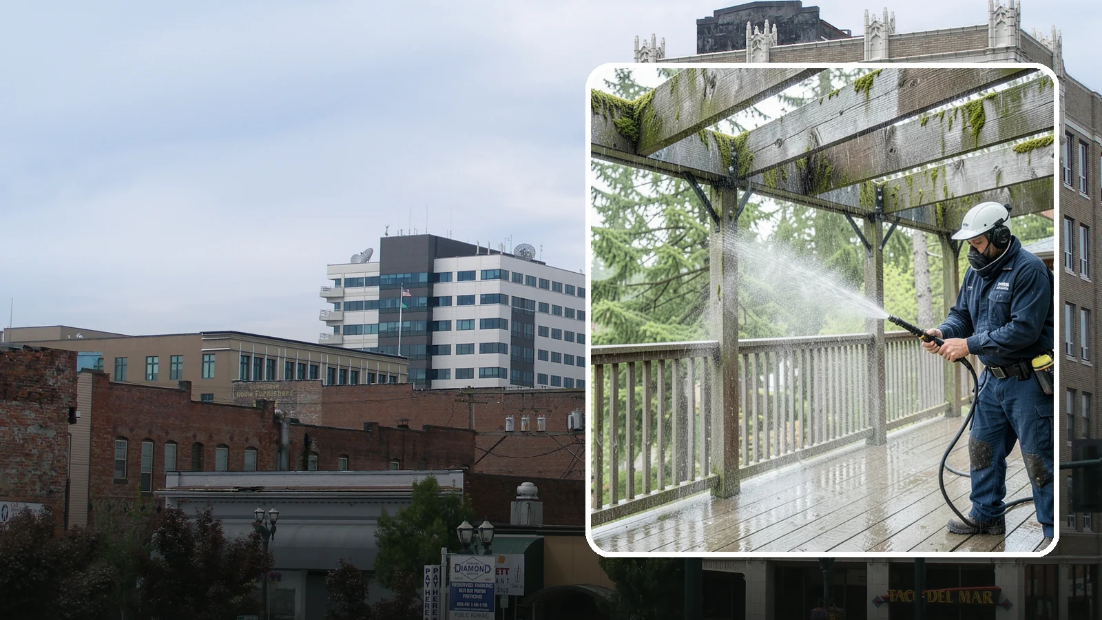 Pergola Cleaning in Everett, Snohomish County, WA - Clean wood, vinyl, and metal pergolas to clear the moss, mildew, and needle debris that gather on the overhead beams.