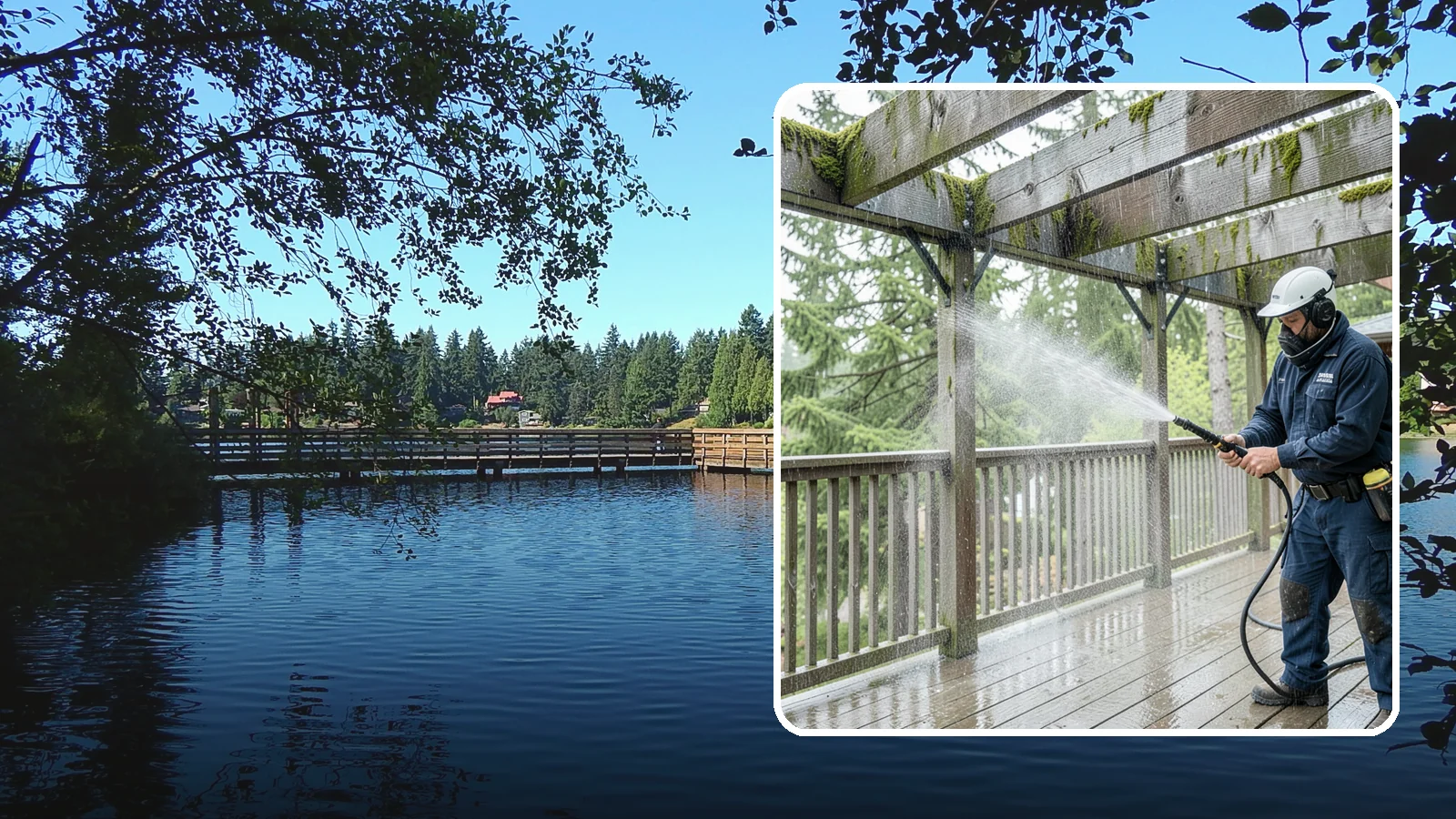 Pergola Cleaning in Federal Way, King County, WA - Clean wood, vinyl, and metal pergolas to clear the moss, mildew, and needle debris that gather on the overhead beams.