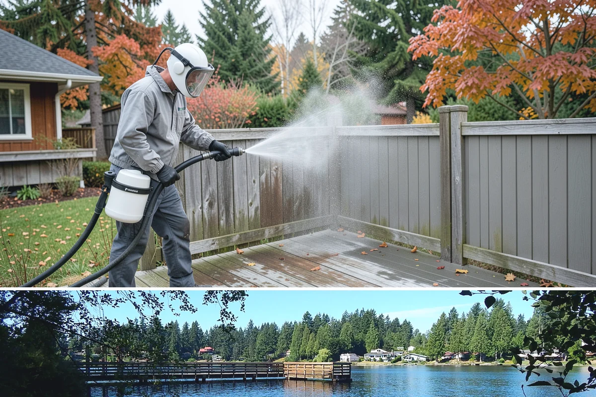 Pergola Cleaning in Federal Way, King County, WA - Late spring cleans off the winter's mildew and needle buildup so the pergola is ready for the outdoor season.