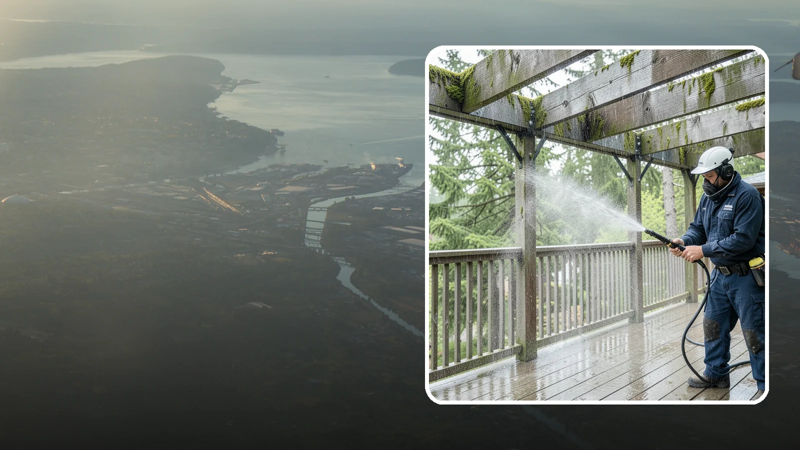 Pergola Cleaning in Fife, Pierce County, WA - Clean wood, vinyl, and metal pergolas to clear the moss, mildew, and needle debris that gather on the overhead beams.