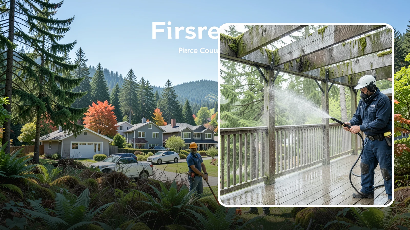 Pergola Cleaning in Fircrest, Pierce County, WA - Clean wood, vinyl, and metal pergolas to clear the moss, mildew, and needle debris that gather on the overhead beams.
