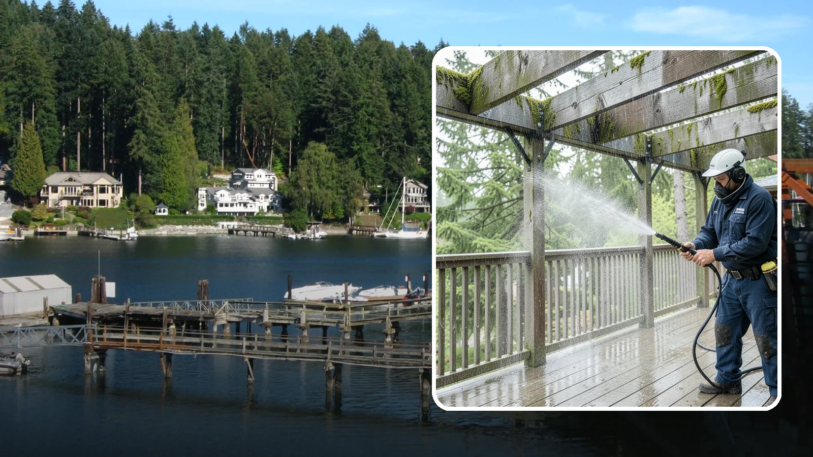 Pergola Cleaning in Gig Harbor, Pierce County, WA - Clean wood, vinyl, and metal pergolas to clear the moss, mildew, and needle debris that gather on the overhead beams.