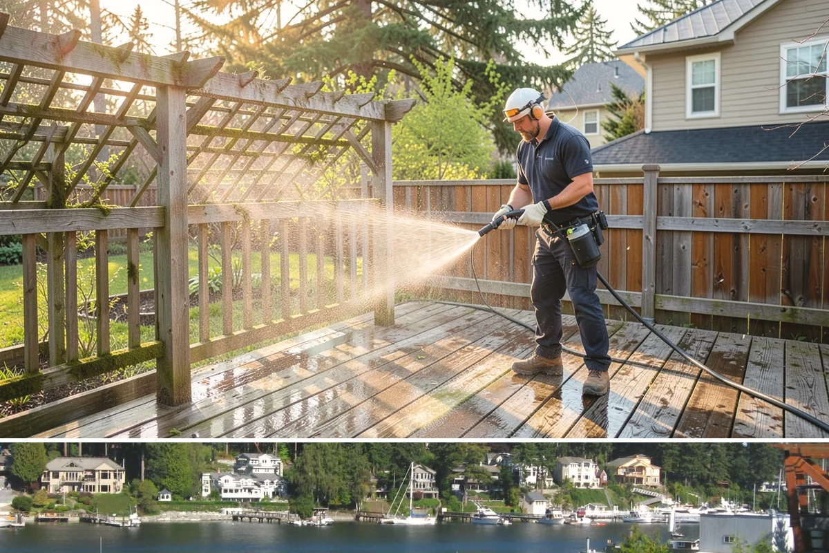 Pergola Cleaning in Gig Harbor, Pierce County, WA - Late spring cleans off the winter's mildew and needle buildup so the pergola is ready for the outdoor season.