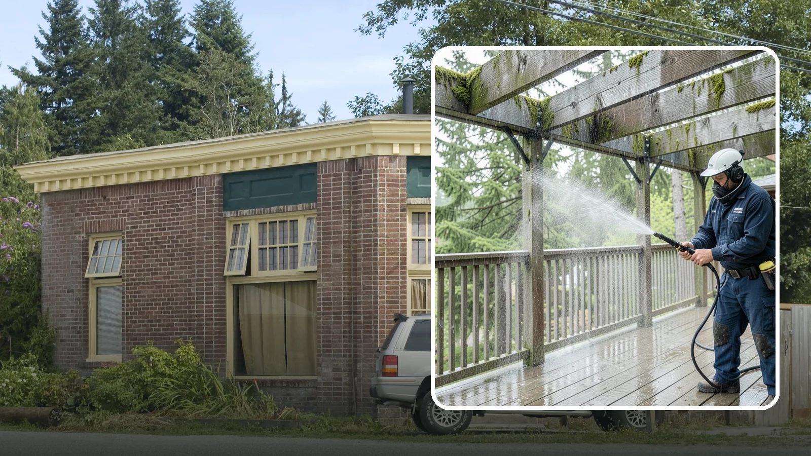 Pergola Cleaning in Hamilton, Skagit County, WA - Clean wood, vinyl, and metal pergolas to clear the moss, mildew, and needle debris that gather on the overhead beams.
