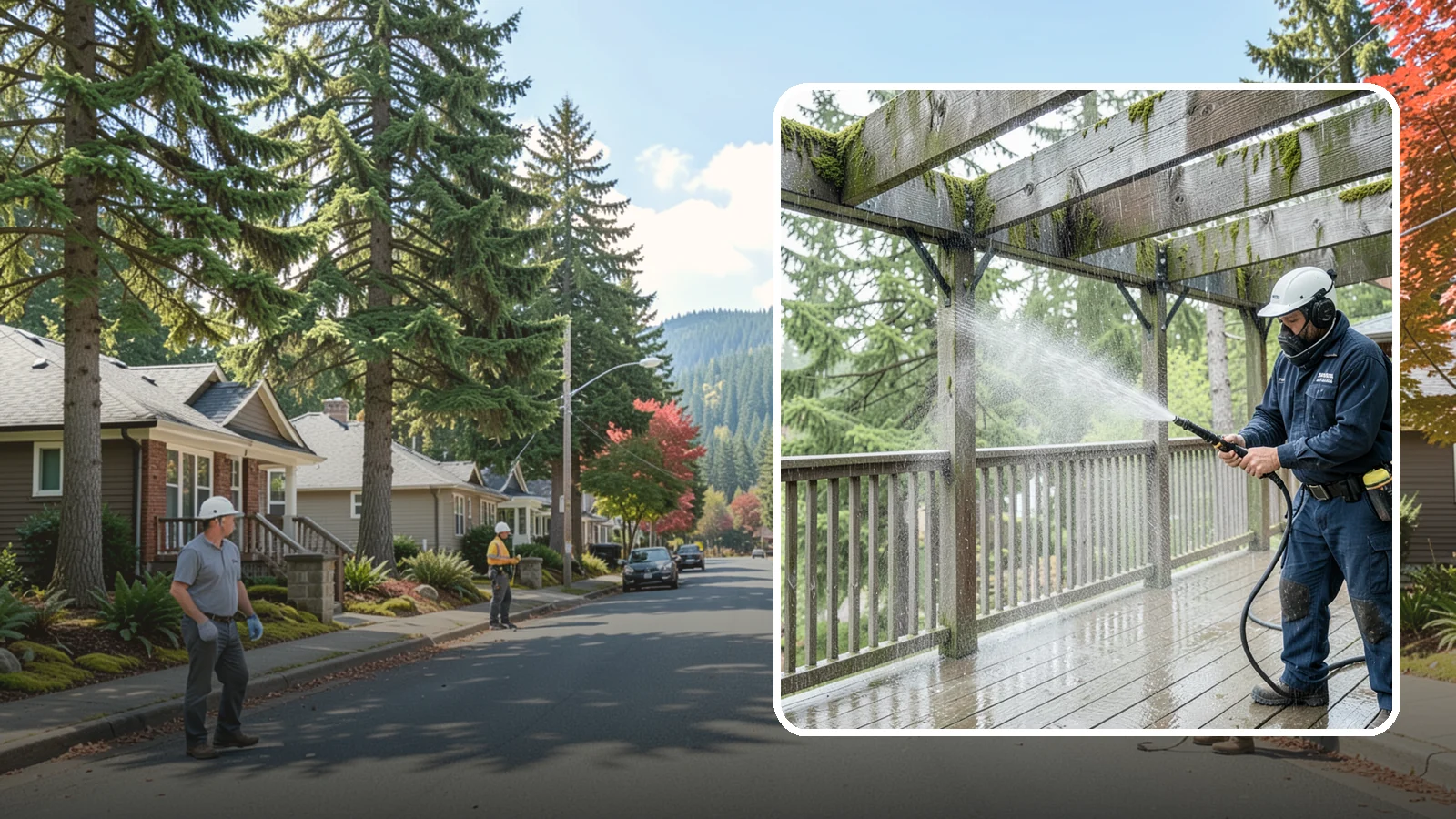 Pergola Cleaning in Hunts Point, King County, WA - Clean wood, vinyl, and metal pergolas to clear the moss, mildew, and needle debris that gather on the overhead beams.
