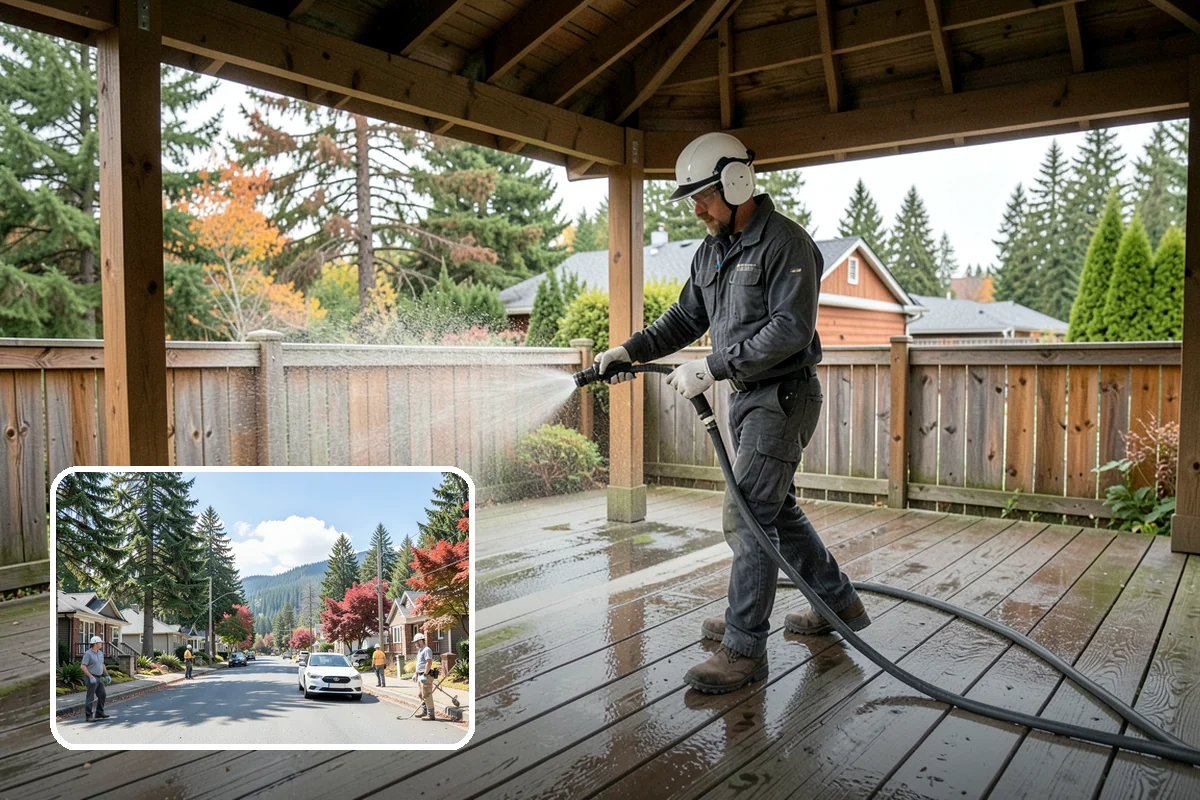 Pergola Cleaning in Hunts Point, King County, WA - Clears mildew and moss from shaded overhead beams