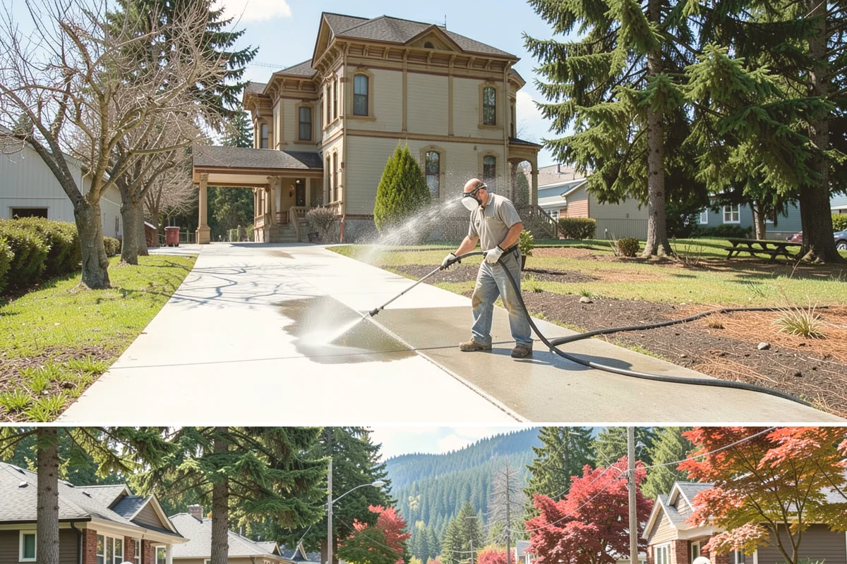 Pergola Cleaning in Hunts Point, King County, WA - Late spring cleans off the winter's mildew and needle buildup so the pergola is ready for the outdoor season.