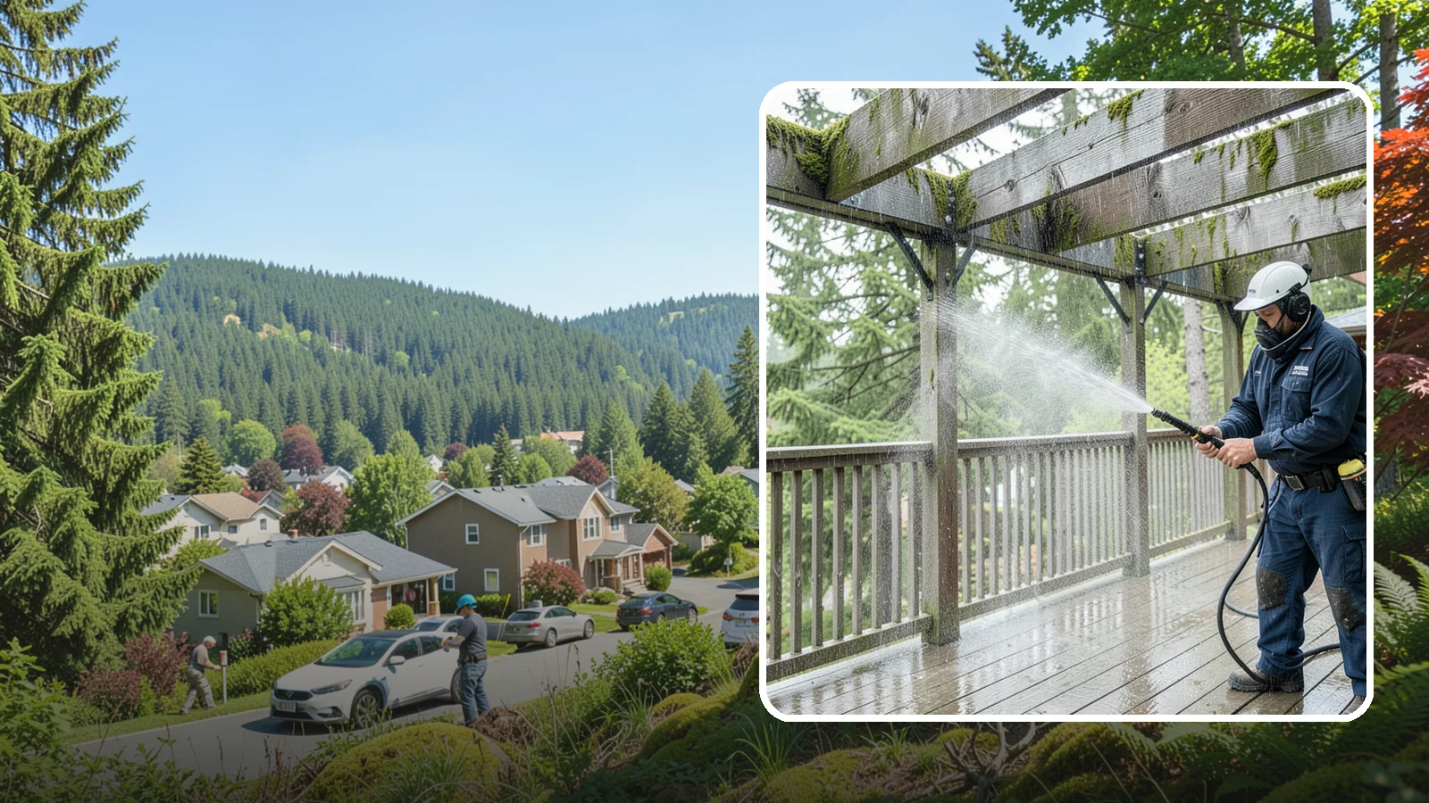 Pergola Cleaning in Index, Snohomish County, WA - Clean wood, vinyl, and metal pergolas to clear the moss, mildew, and needle debris that gather on the overhead beams.