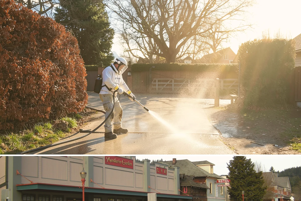 Pergola Cleaning in Issaquah, King County, WA - Late spring cleans off the winter's mildew and needle buildup so the pergola is ready for the outdoor season.