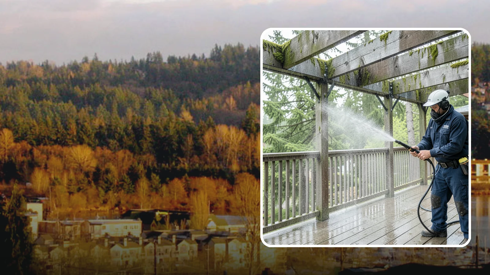 Pergola Cleaning in Kenmore, King County, WA - Clean wood, vinyl, and metal pergolas to clear the moss, mildew, and needle debris that gather on the overhead beams.