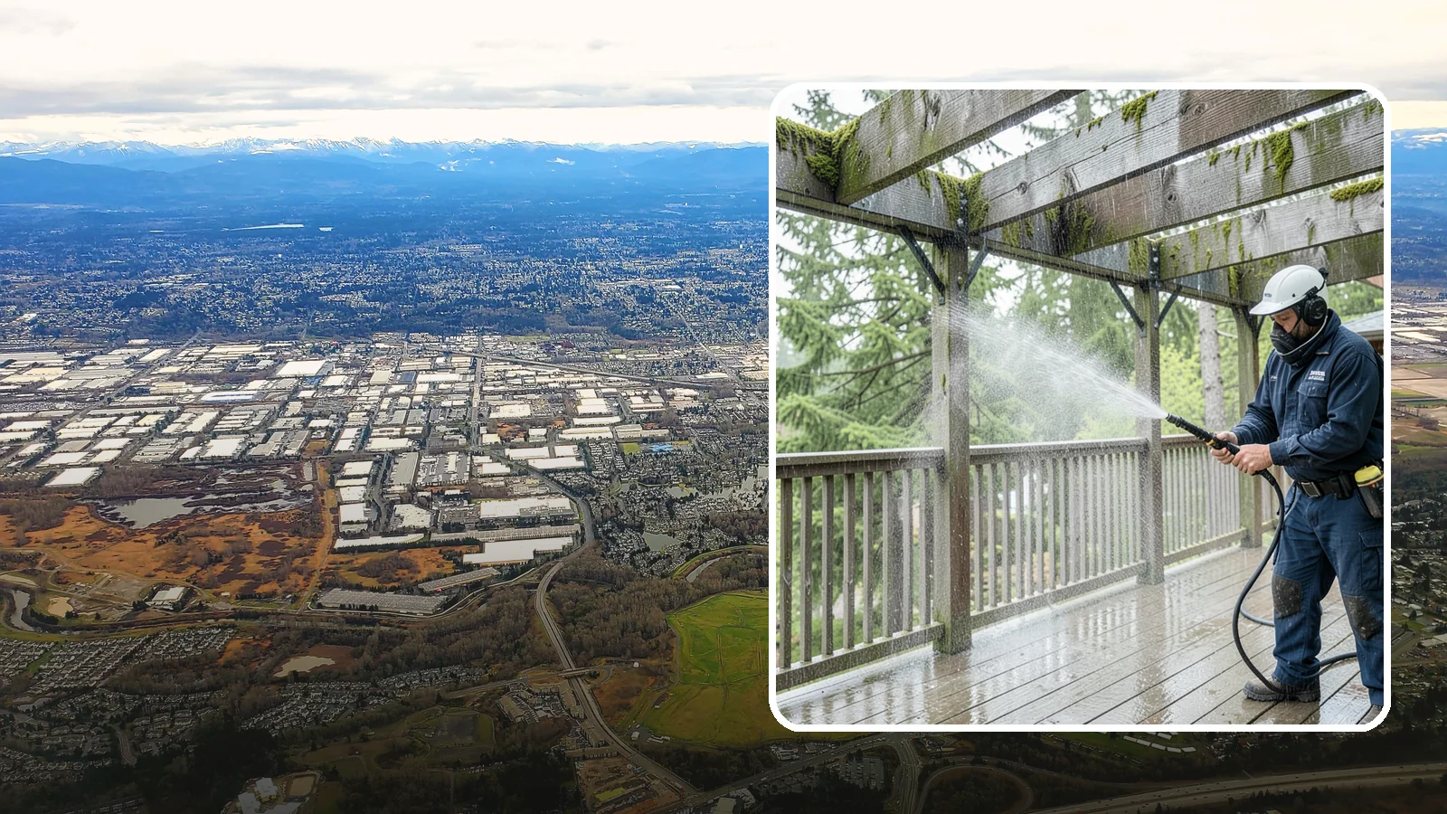 Pergola Cleaning in Kent, King County, WA - Clean wood, vinyl, and metal pergolas to clear the moss, mildew, and needle debris that gather on the overhead beams.