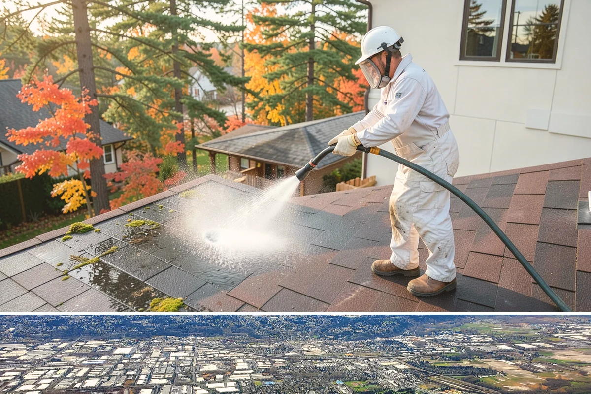 Pergola Cleaning in Kent, King County, WA - Late spring cleans off the winter's mildew and needle buildup so the pergola is ready for the outdoor season.