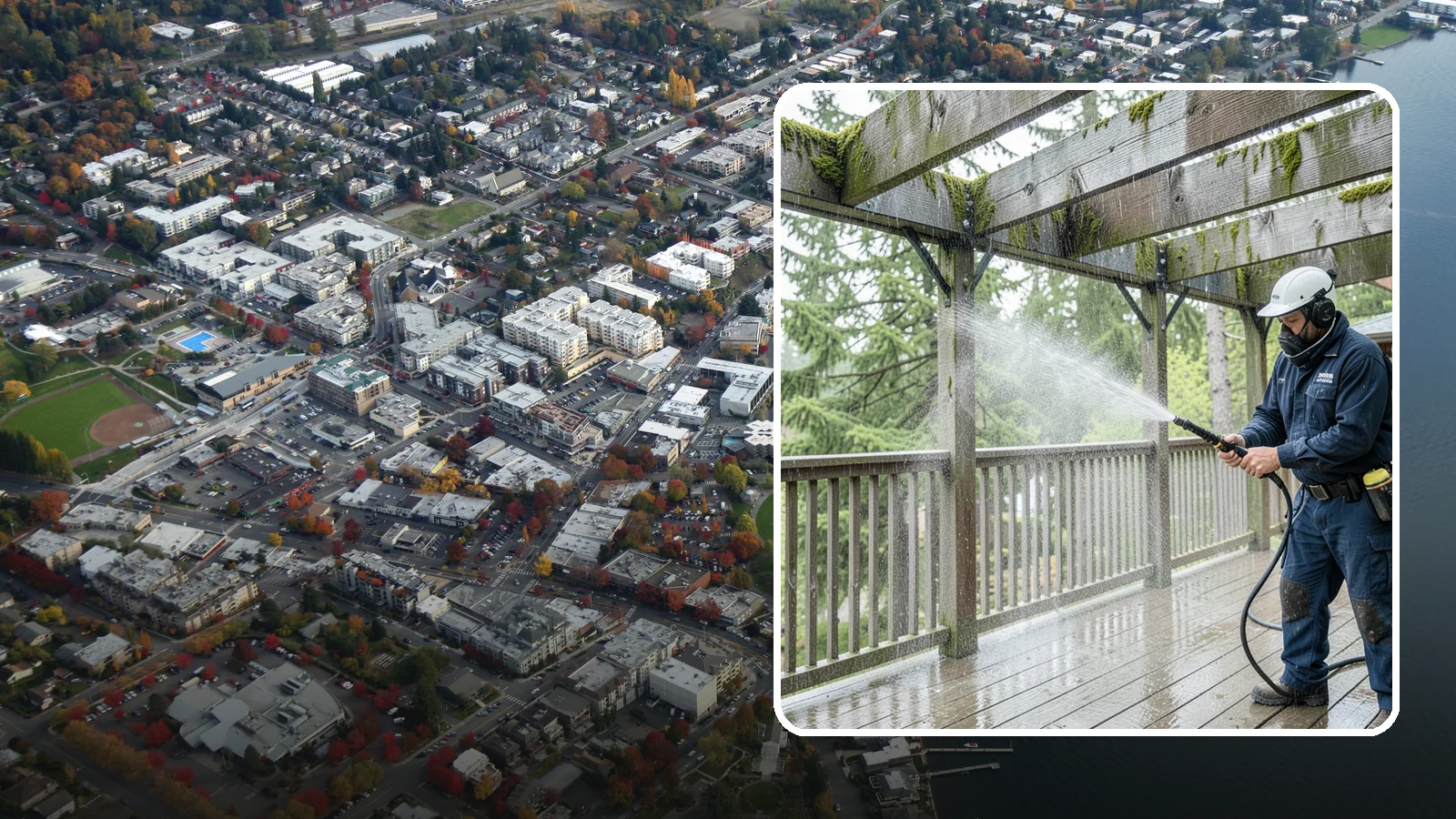 Pergola Cleaning in Kirkland, King County, WA - Clean wood, vinyl, and metal pergolas to clear the moss, mildew, and needle debris that gather on the overhead beams.