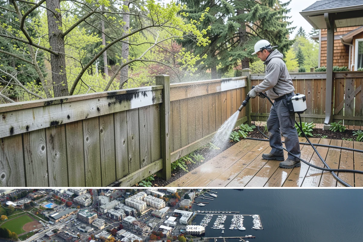 Pergola Cleaning in Kirkland, King County, WA - Late spring cleans off the winter's mildew and needle buildup so the pergola is ready for the outdoor season.