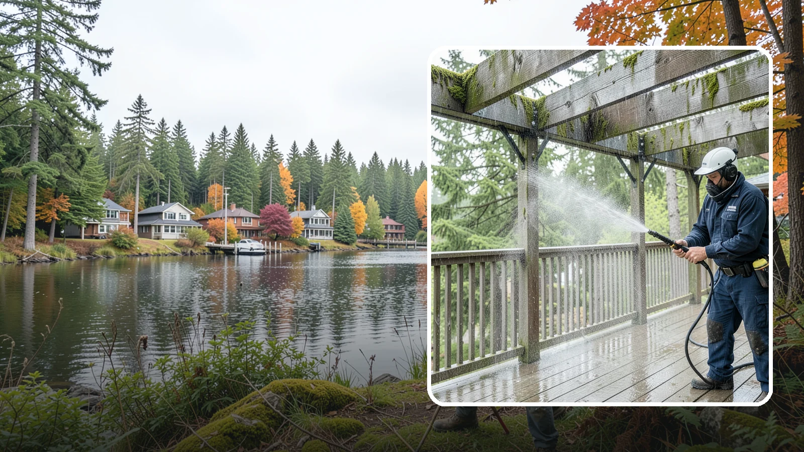 Pergola Cleaning in La Conner, Skagit County, WA - Clean wood, vinyl, and metal pergolas to clear the moss, mildew, and needle debris that gather on the overhead beams.