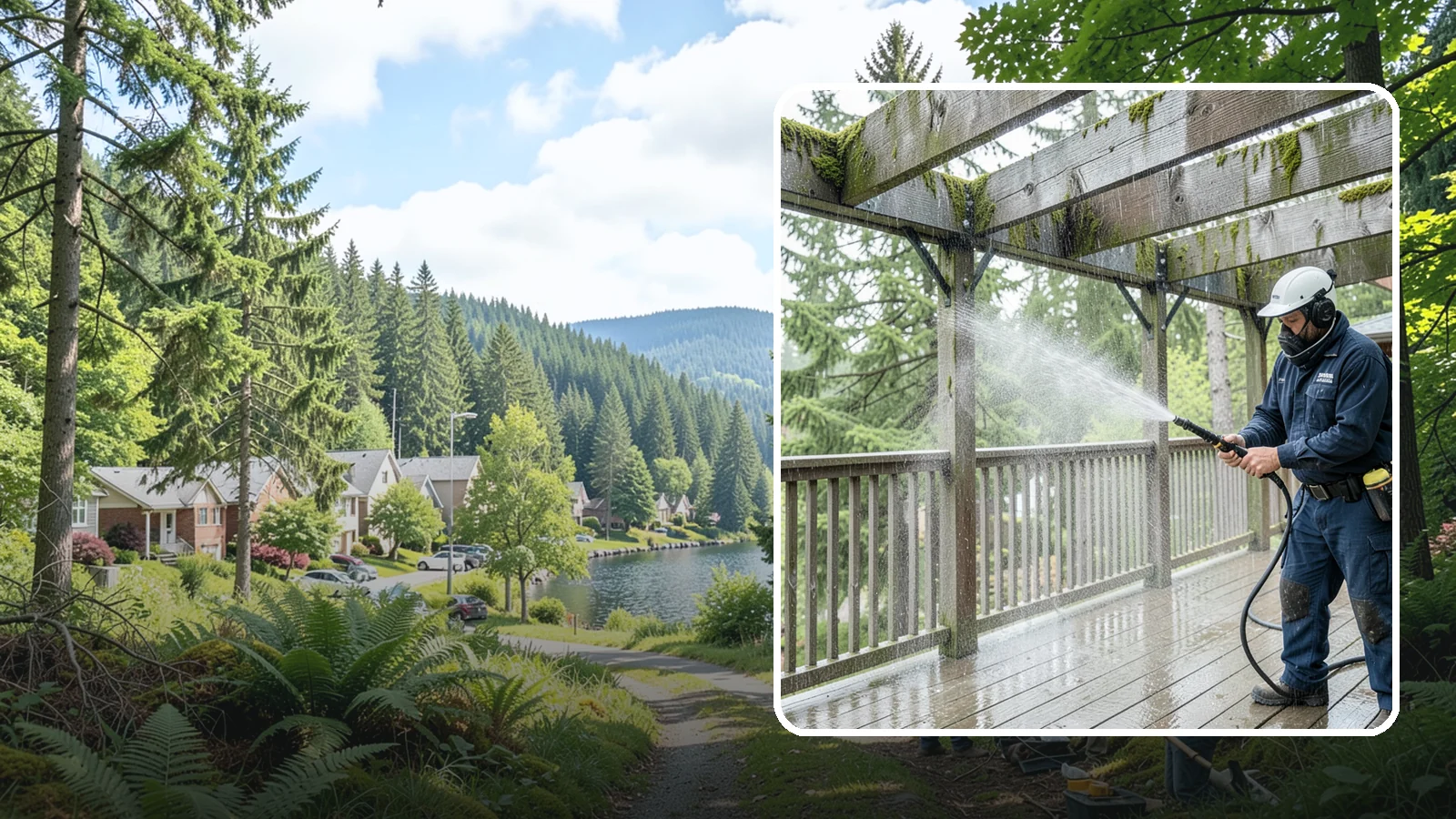 Pergola Cleaning in Lake Forest Park, King County, WA - Clean wood, vinyl, and metal pergolas to clear the moss, mildew, and needle debris that gather on the overhead beams.