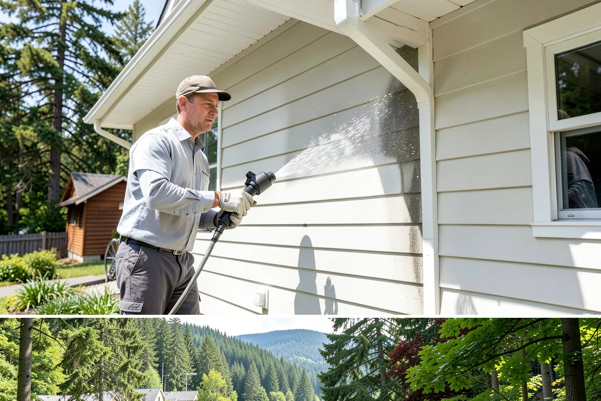 Pergola Cleaning in Lake Forest Park, King County, WA - Late spring cleans off the winter's mildew and needle buildup so the pergola is ready for the outdoor season.