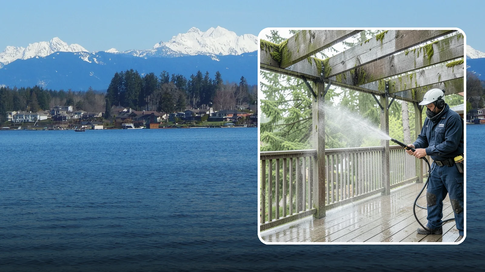 Pergola Cleaning in Lake Stevens, Snohomish County, WA - Clean wood, vinyl, and metal pergolas to clear the moss, mildew, and needle debris that gather on the overhead beams.